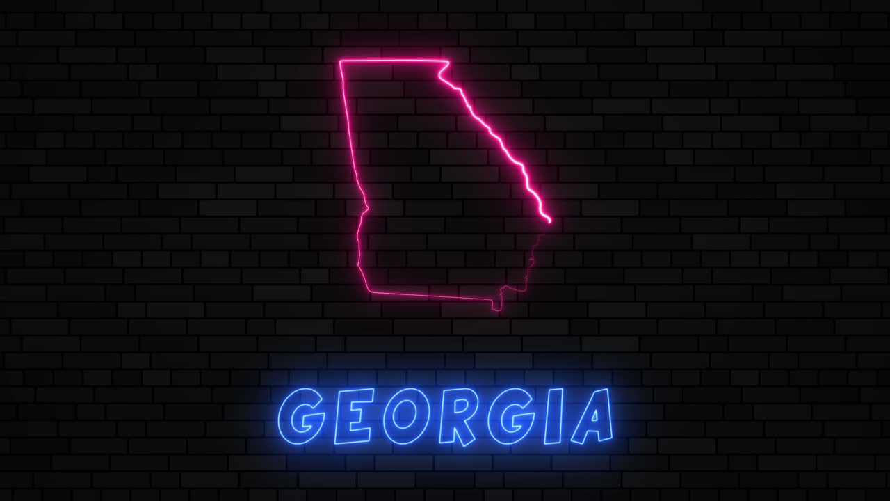 조지아 주 지도: 어두운 벽돌 벽 바탕에 네온 선을 가진 실루
