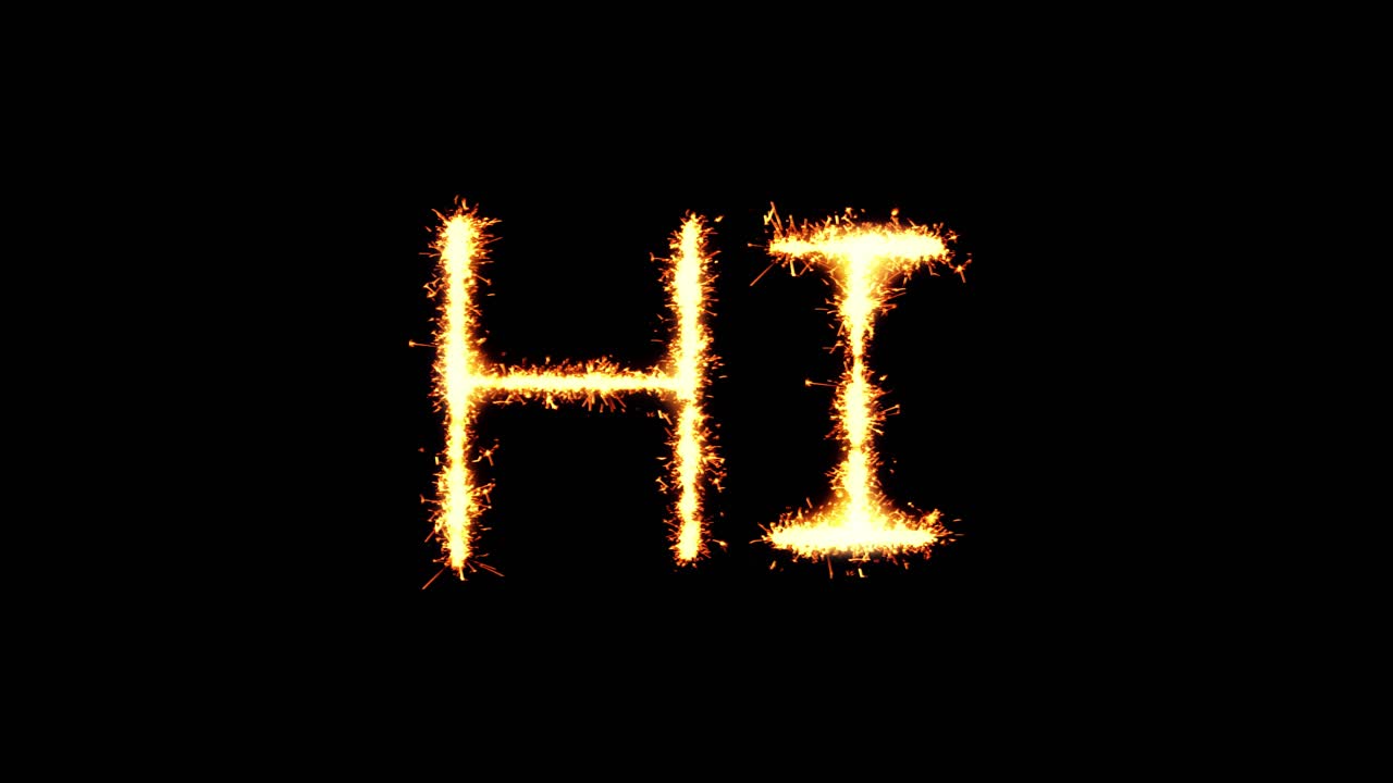 Hello hi text sparkler writing with glitter sparks particles firework on black 4k loop background