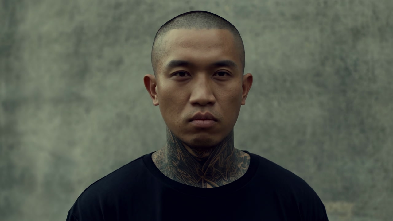 Close Portrait Asian Man With Tattoos, Shaved Head And Neck Ink Against Weathered Concrete Wall, Neutral Stoic