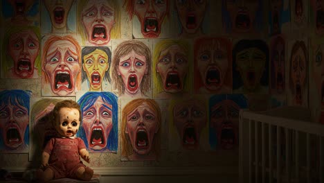 a chilling scene of a haunted doll in a room surrounded by disturbing childlike drawings of screaming faces, capturing a spooky atmosphere