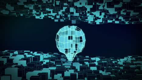 animation of blue cuboid brain rotating over moving cubes on dark blue background