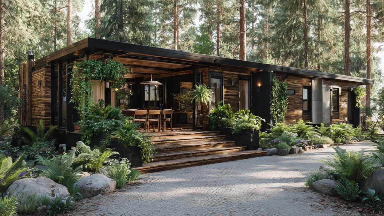 Moderni puumökki rehevän kasvillisuuden ja luonnon ympäröimänä, jossa on lämmin ja kutsuva etukuisti ja kaunis maisemointi, joka korostaa sen viehätystä.