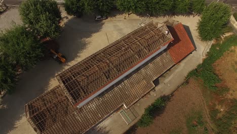 aerial shot new residential construction roof home framing house