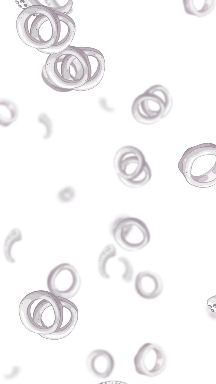 Seamless 3D animation of soft octopus tentacle rings gently raining downward on white backdrop