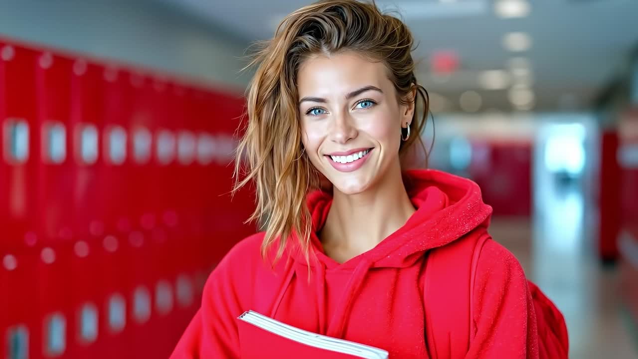 A woman in a red coat holding a book in a hallway