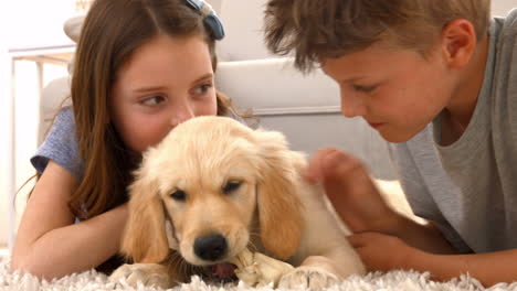 happy siblings with their puppy at home