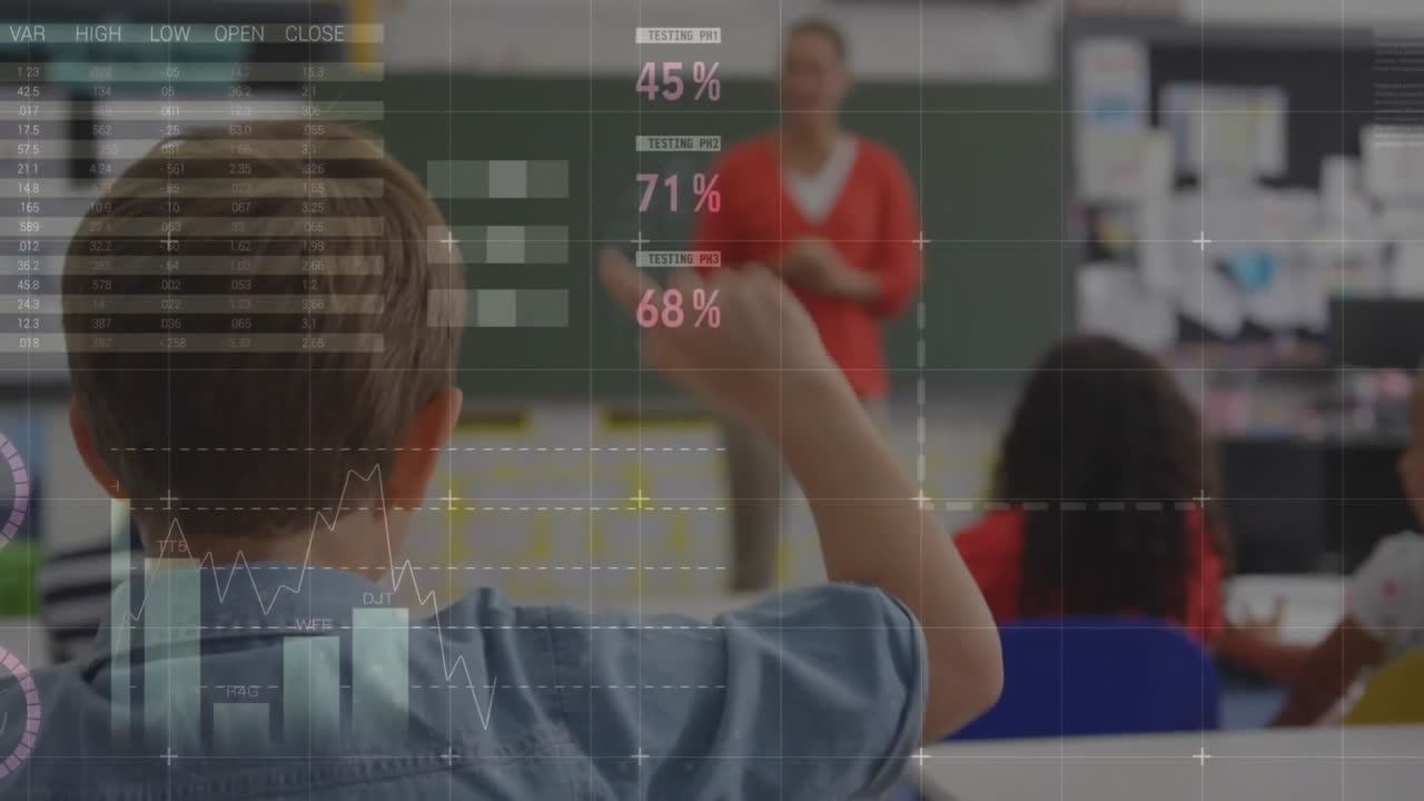 Animation of multicolored infographic interface over diverse students raising hand in classroom