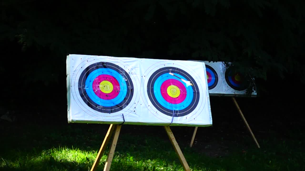 Archery. The arrow hit the target. Slow motion