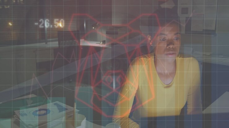 Animation digital graphs and animal over african american woman drinking coffee and using laptop