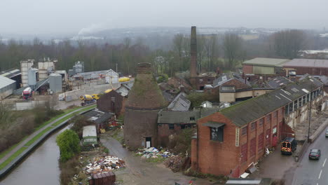 aerial view of kensington pottery works an old abandoned, derelict pottery factory and bottle kiln located in longport, industrial decline