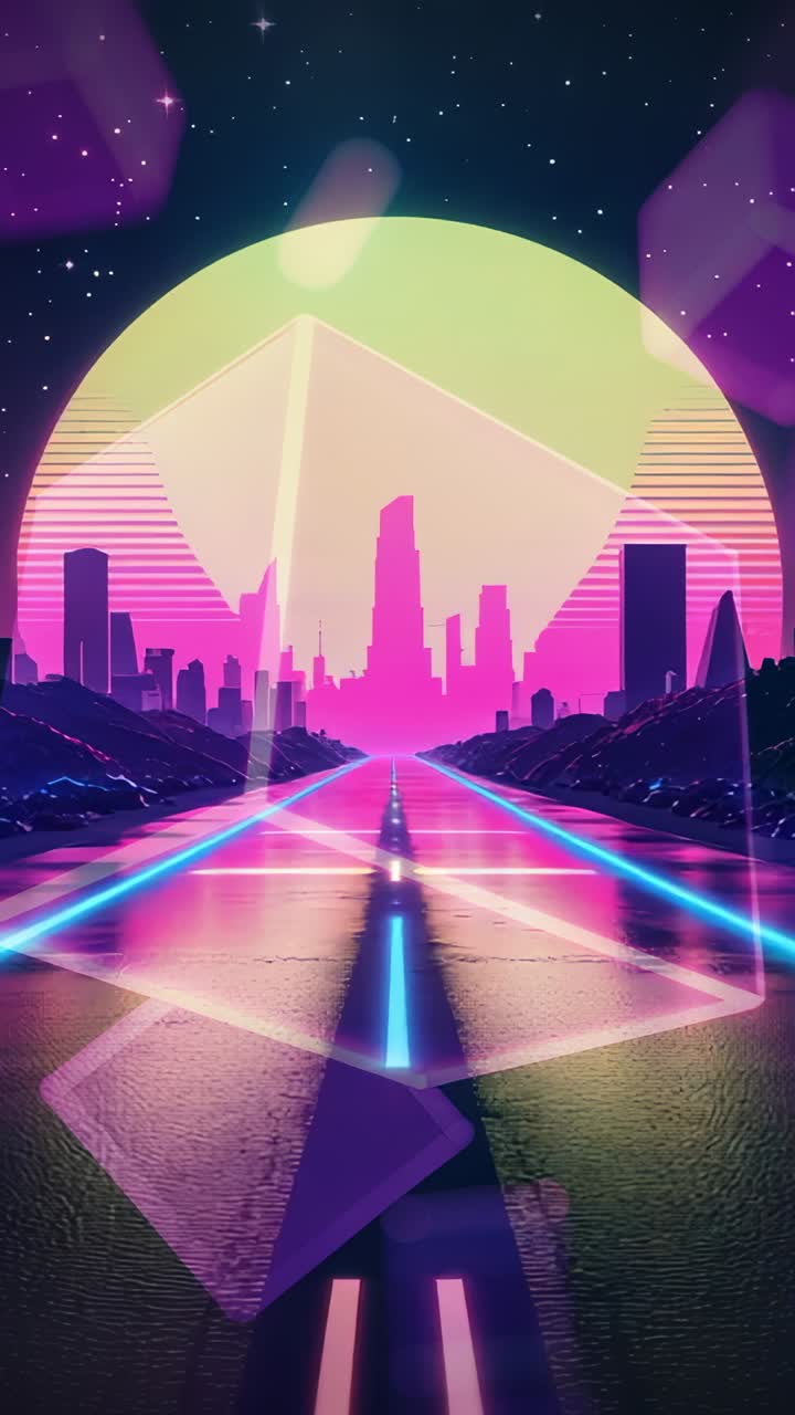 Vertical video: Starting neon highway, glowing squares drifting toward silhouetted skyline, looping