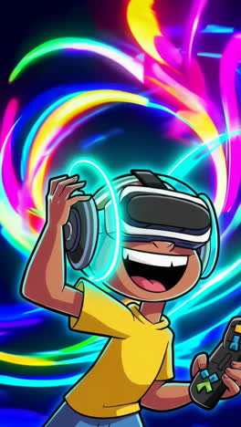 child enjoying virtual reality gaming with colorful background