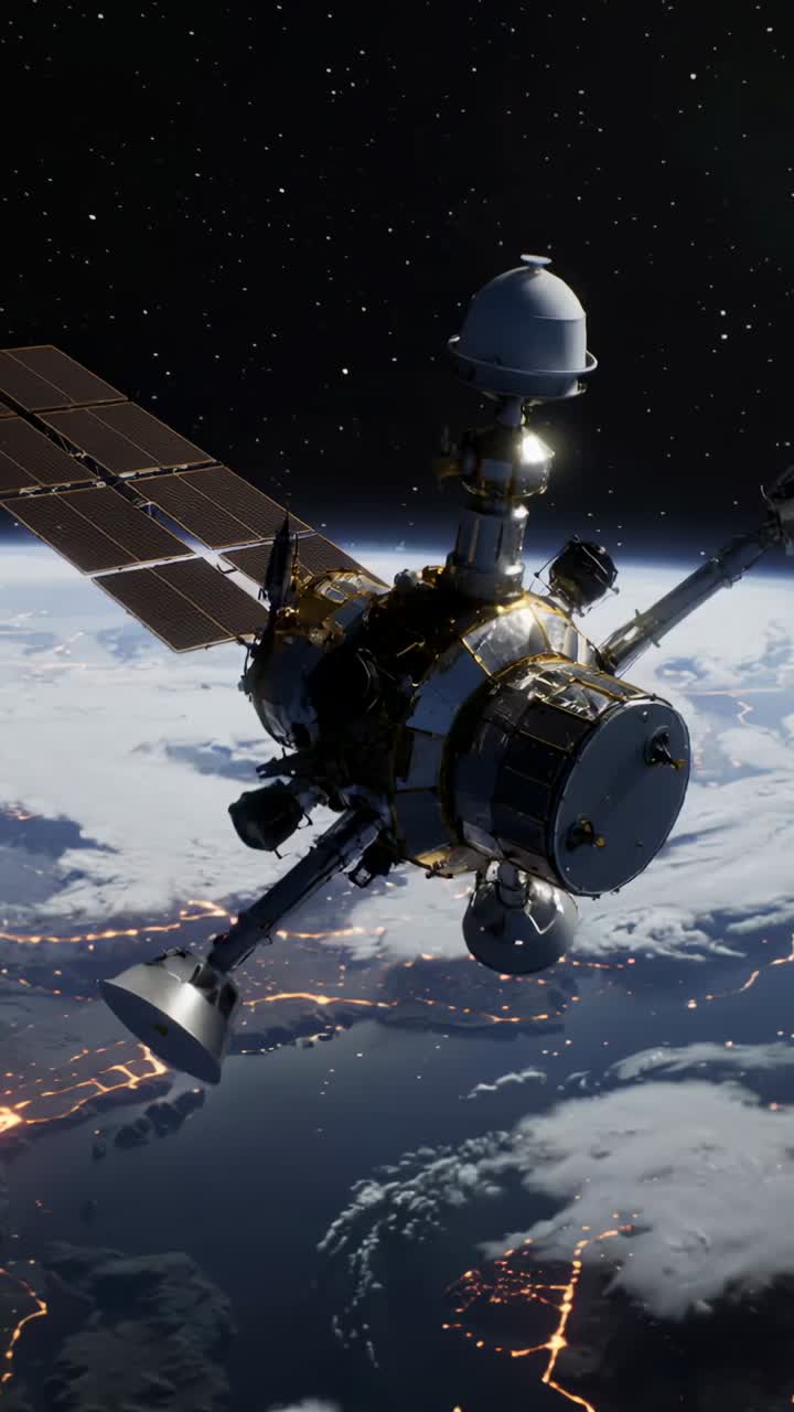 Vertical video: Viewpoint shifting, camera pulling back revealing satellite above Earth city lights