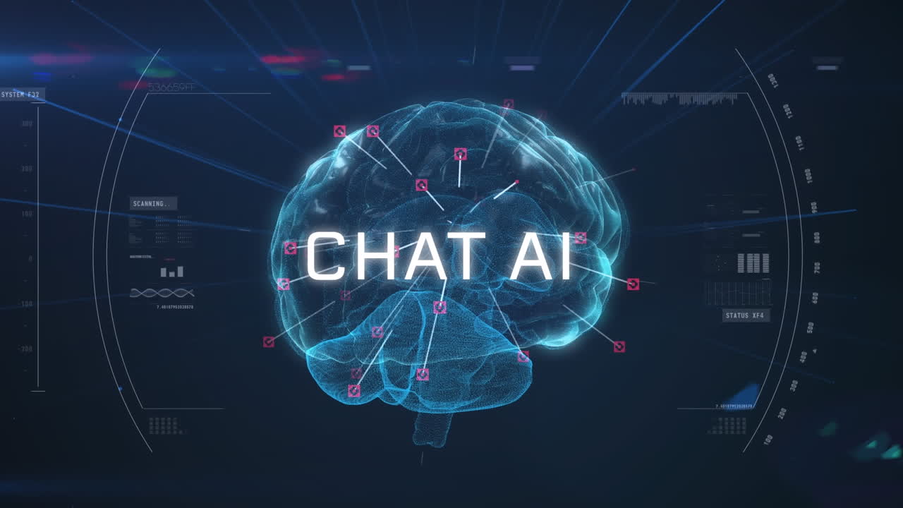 Animation of artificial intelligence chat text and data processing over human brain