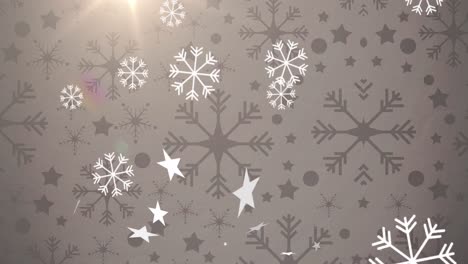 Mehrere-Schwebende-Sterne-Und-Schneeflocken-Symbole-Und-Lichtfleck-Vor-Grauem-Hintergrund