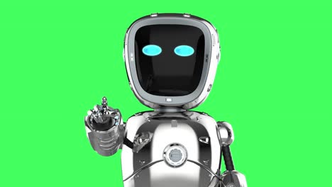 asistente del robot señala con el dedo en la pantalla verde