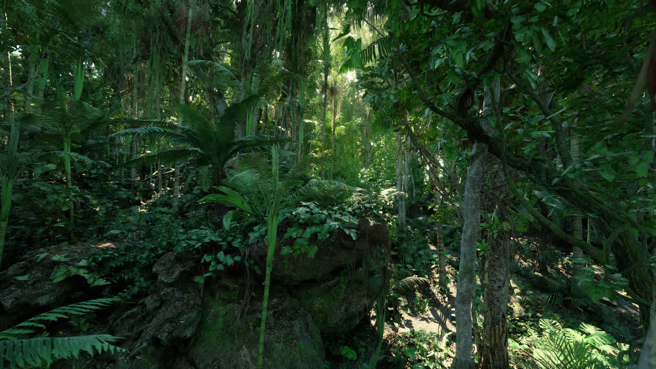 Radura nella foresta radiosa con alberi imponenti e vegetazione rigogliosa