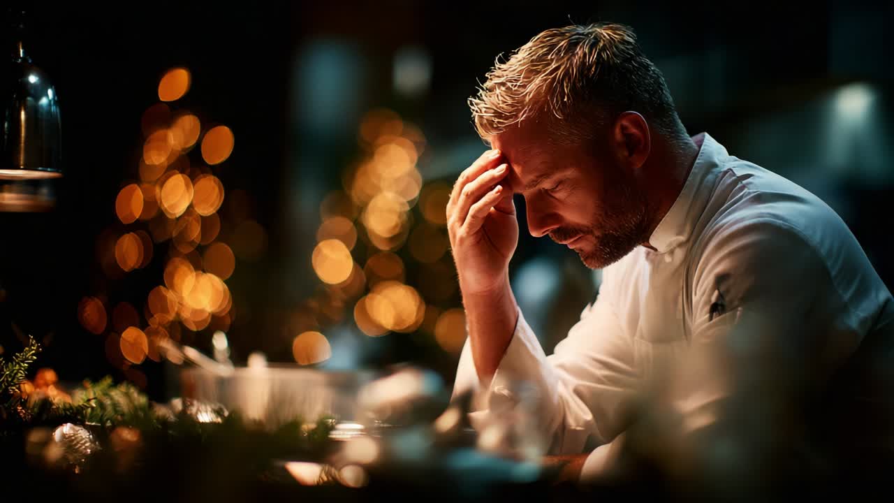 Intense Moments of Culinary Struggle: A Chef's Reflection During a Busy Kitchen Rush Amidst the Festive Atmosphere of Seasonal Decor and Culinary Creativity