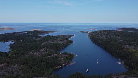 Aerial-view-of-Djupviken-Bay-in-Geta,-Aland-Islands,-Finland,-orbiting-shot