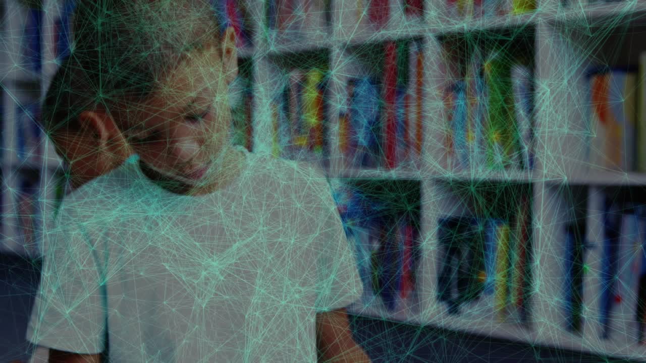 White-shirted boy glancing up highlighting library shelves while teal top classmate scanning titles