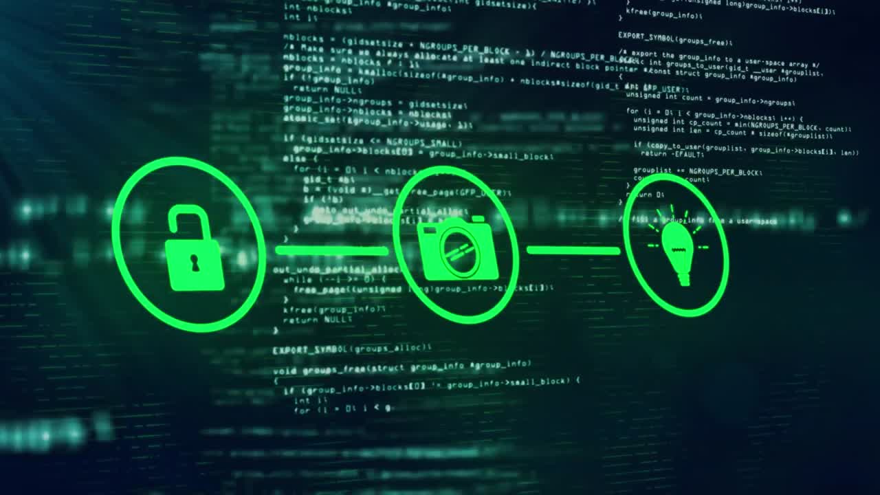 animación de la red de iconos y procesamiento de datos.