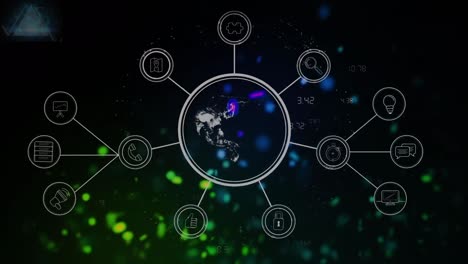 Animation-of-network-of-connections-with-icons-and-globe-over-black-background-with-colorful-dots