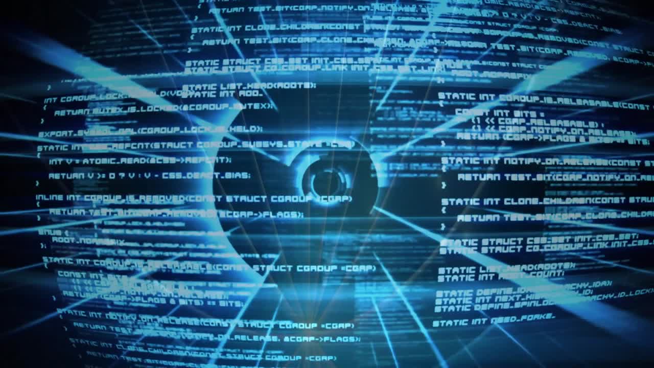 Rotating blue digital codes and data processing animation over circular interface