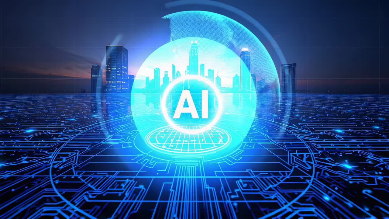 Node lights rippling over city skyline, pulsing hub, showing AI letters and raising hologram globe