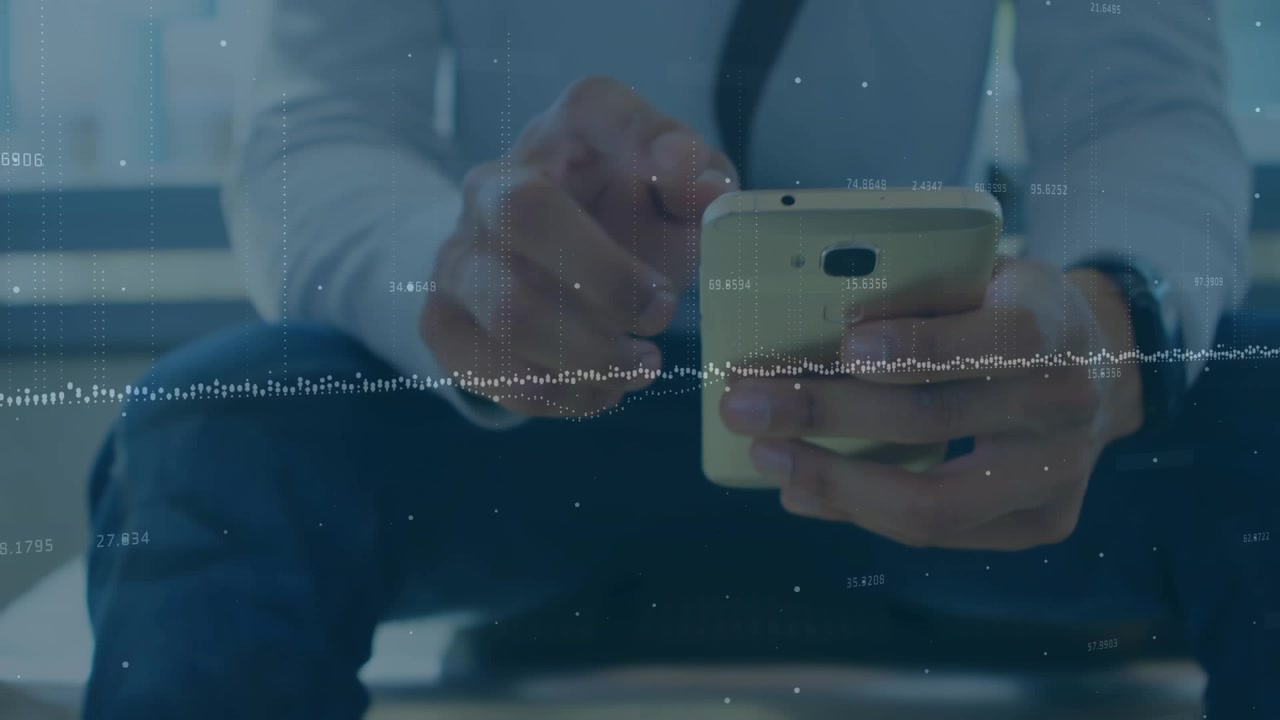 Man Using Smartphone with Digital Data Overlay