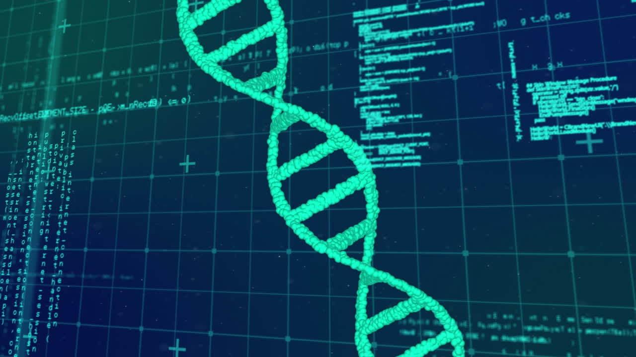 animación del procesamiento de datos sobre el hilado de cadenas de adn en 3d