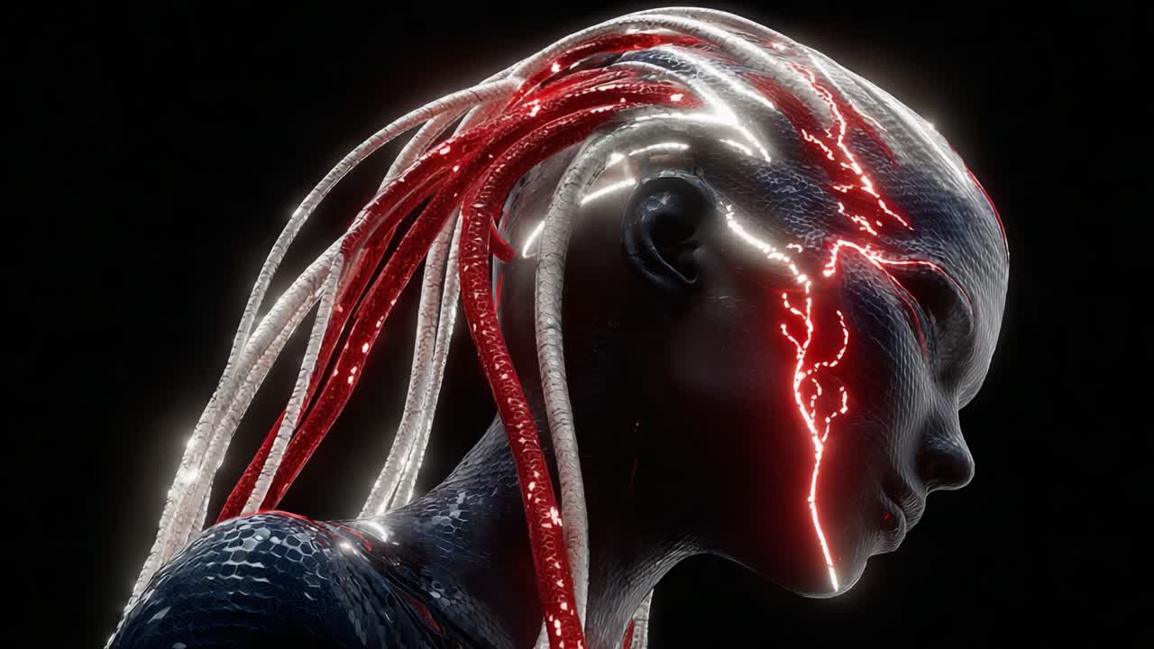 A captivating digital representation of a humanoid figure with intricate neon patterns and vibrant energy flowing through its form, showcasing a blend of technology and artistry