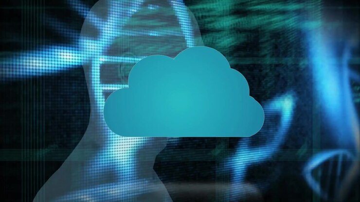 Animation of squares forming cloud with close-up of digital human over programming language