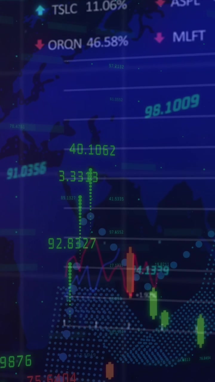 Animazione dell'elaborazione di dati finanziari su una mappa del mondo su sfondo nero