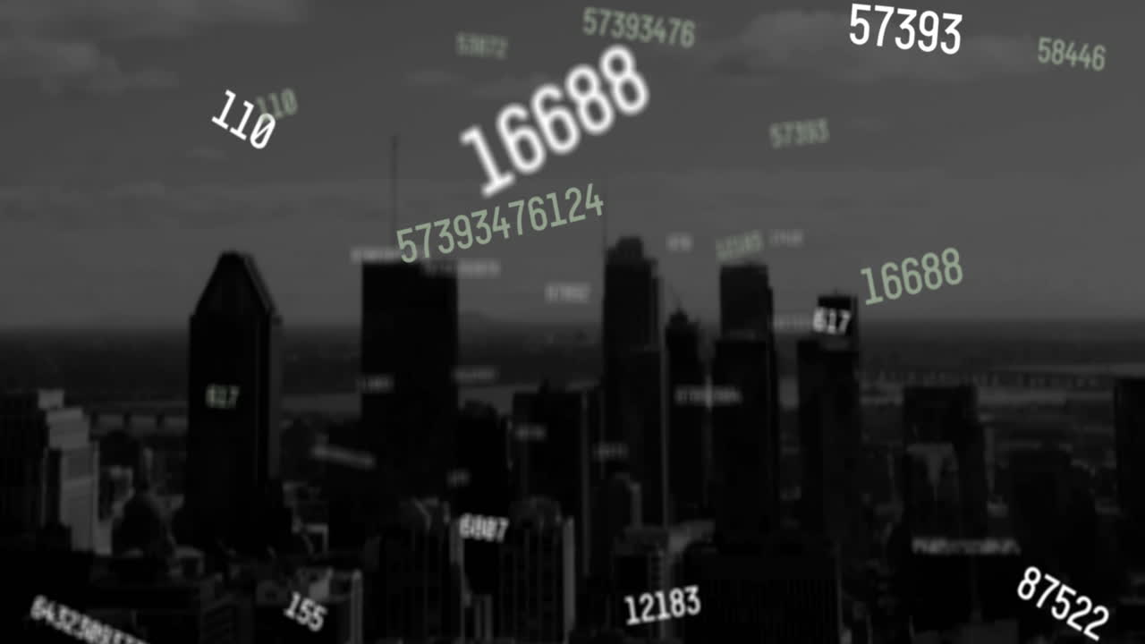 도시 풍경 위에서 떨어지는 숫자의 애니메이션