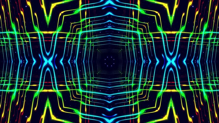 futuristic kaleidoscope with neon light. Concept of information data flow. 3d looped motion design bg. Vj loop fly through 3d space, kaleidoscopic square structure. Sci fi bg, hi tech plexus.