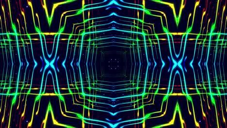 kaleidoscopio futuristico con luce al neon. concetto di flusso di dati di informazione. progettazione di movimento a loop 3d bg. vj loop volare attraverso lo spazio 3d, struttura quadrata kaleidoscopica. sci fi bg, plexus hi tech.
