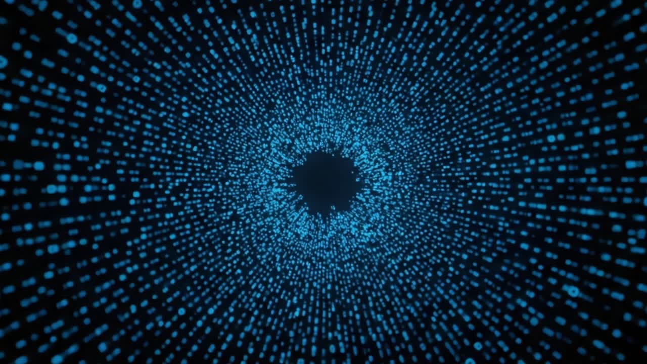 Digital Data Stream Illustrating a Vortex of Information Flow in a Futuristic Cyber Environment with Blue Binary Code Particles Creating a Background