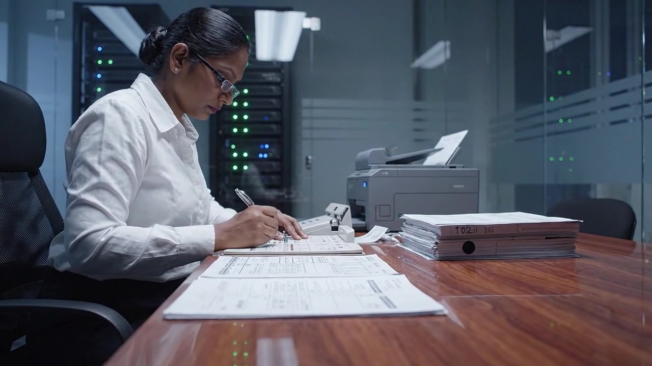 Focused Professional in Office Environment Completing Documentation While Surrounded by Technology and Data Servers, Emphasizing Efficiency and Accuracy