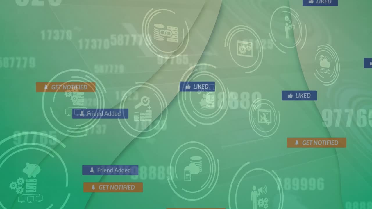 Multiple speech bubbles and changing numbers over digital icons against green background