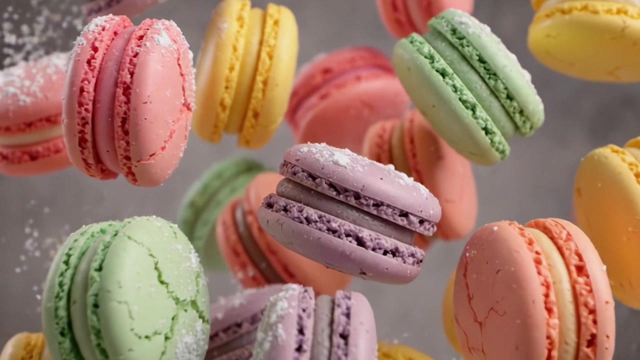 A Colorful Array of Delicious Macarons Captured in Motion, Showcasing Their Delicate Texture and Vibrant Hues, Perfect for Any Dessert Lover's Delight.