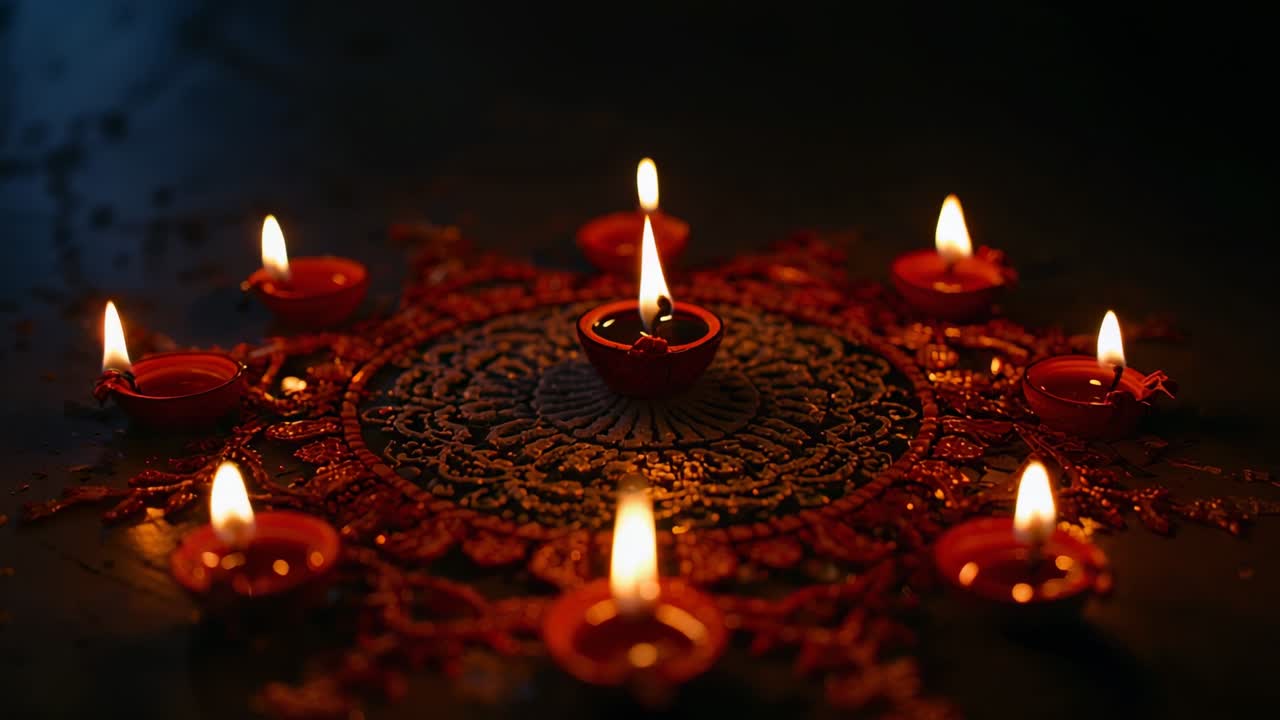 Camera recording clay oil lamps flickering on rangoli mat in dim room, showing oil pools