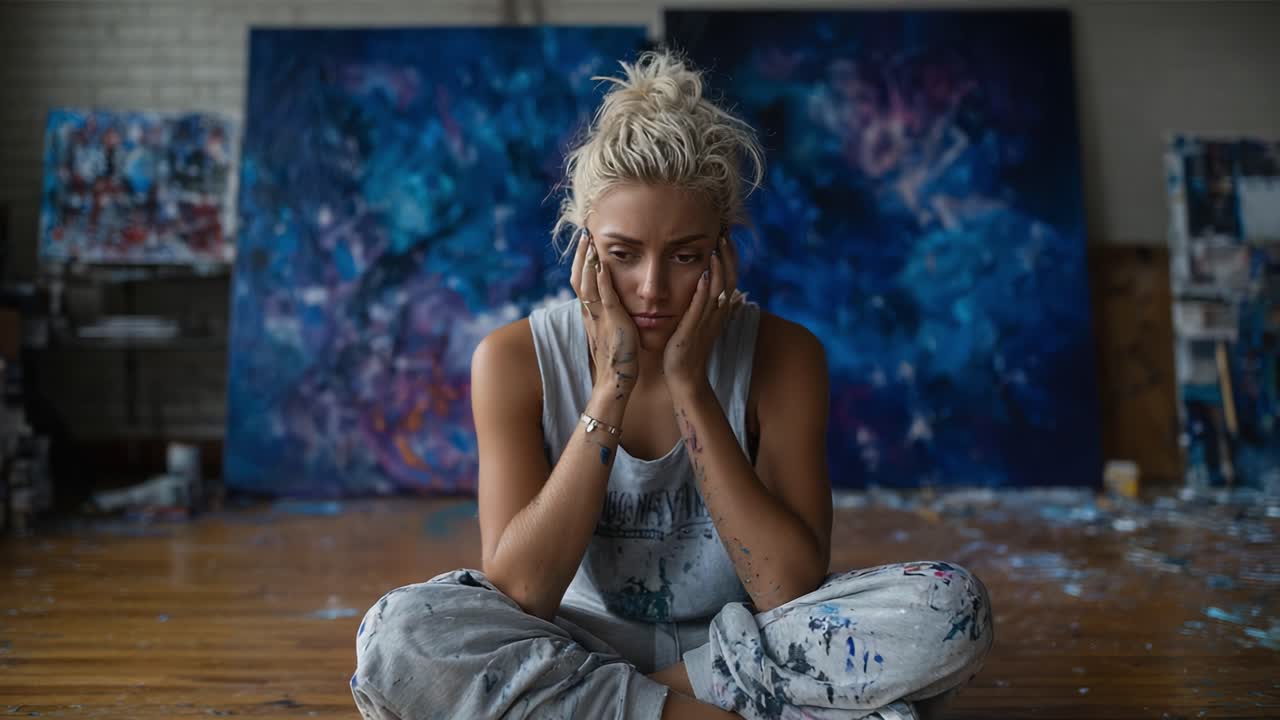 An Artist's Emotional Struggle: Capturing the Moment of Reflection and Contemplation Amidst Creative Chaos in a Vibrant Studio Setting