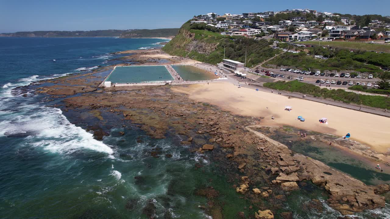 Merewether Ocean Baths And Beach In NSW, Australia - Aerial Drone Shot