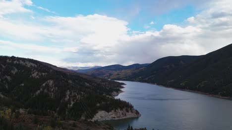 parallaxing drone shot of aspen lake and mountains in autumn