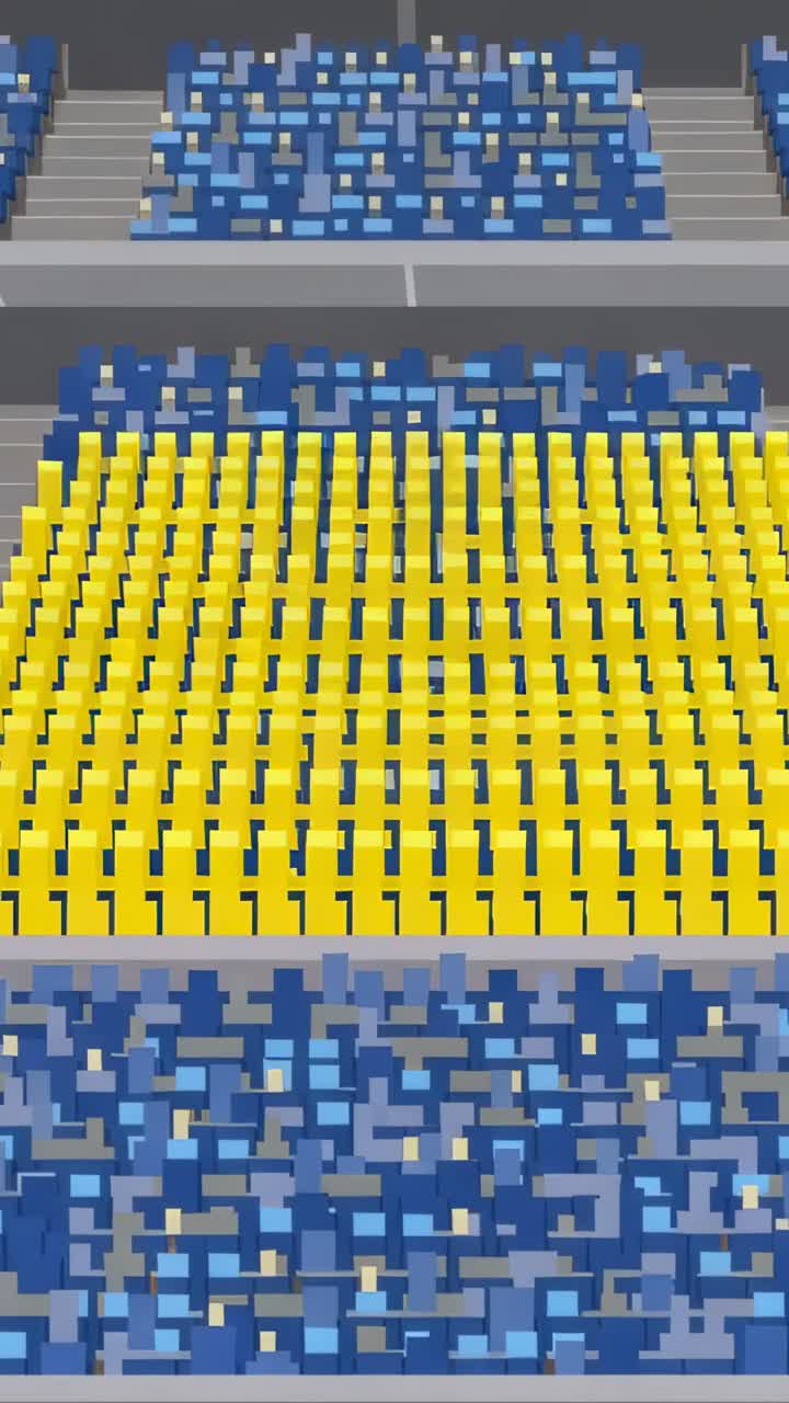 Video verticale: Blocchi di sedili blu centrali che ruotano e si sollevano verticalmente nello stadio, formando una griglia gialla.