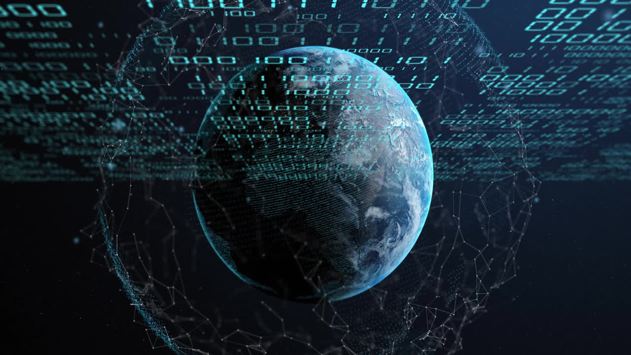 Animation of globe with binary coding and data processing over dark background