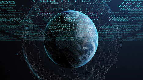 animación del globo con codificación binaria y procesamiento de datos sobre fondo oscuro