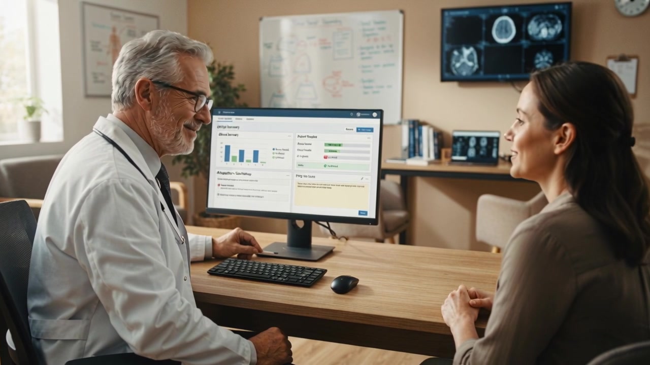 Pointing clinic doctor in lab coat and stethoscope typing and pointing at monitor, reviewing data