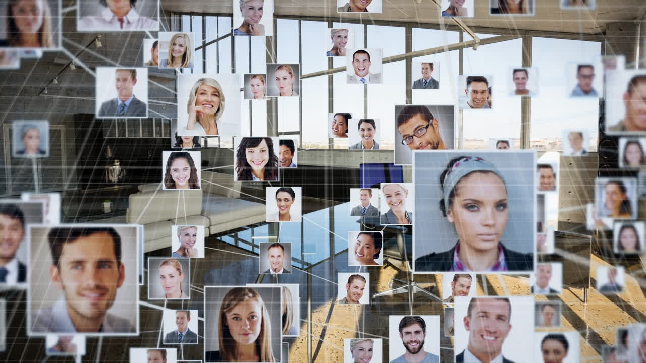 Animazione di rete di connessioni con icone di persone su ufficio