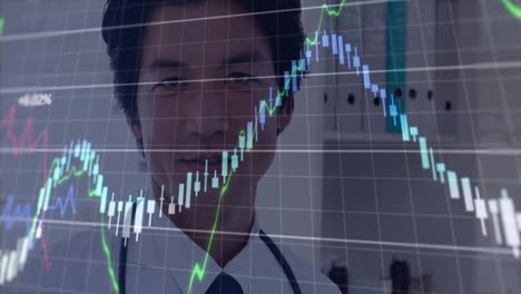 animación del procesamiento de datos financieros sobre el médico masculino asiático